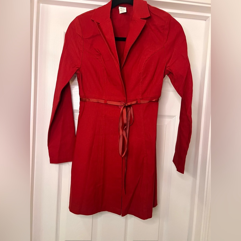 New Y2K Red Trench Coat - Long Blazer Peacoat w/ Ribbon Tie, Buttons, & Collar